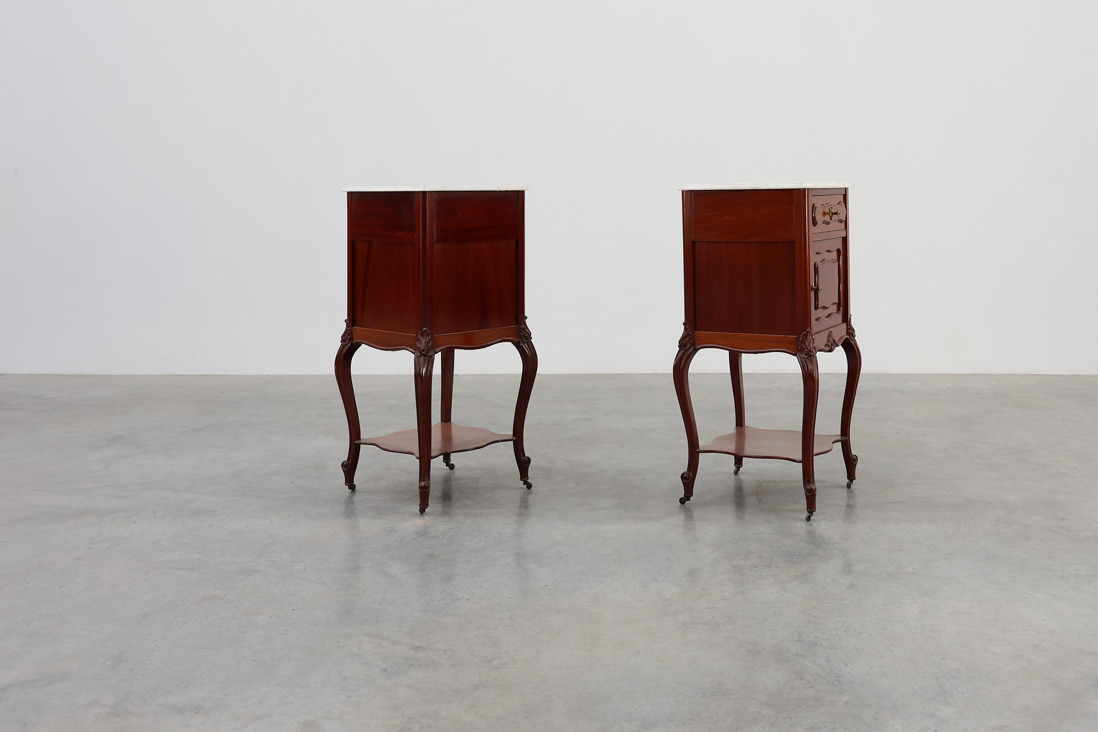 Pair of Walnut Louis XV style nightstands with Carrara marble tops, France ca. 1900thumbnail